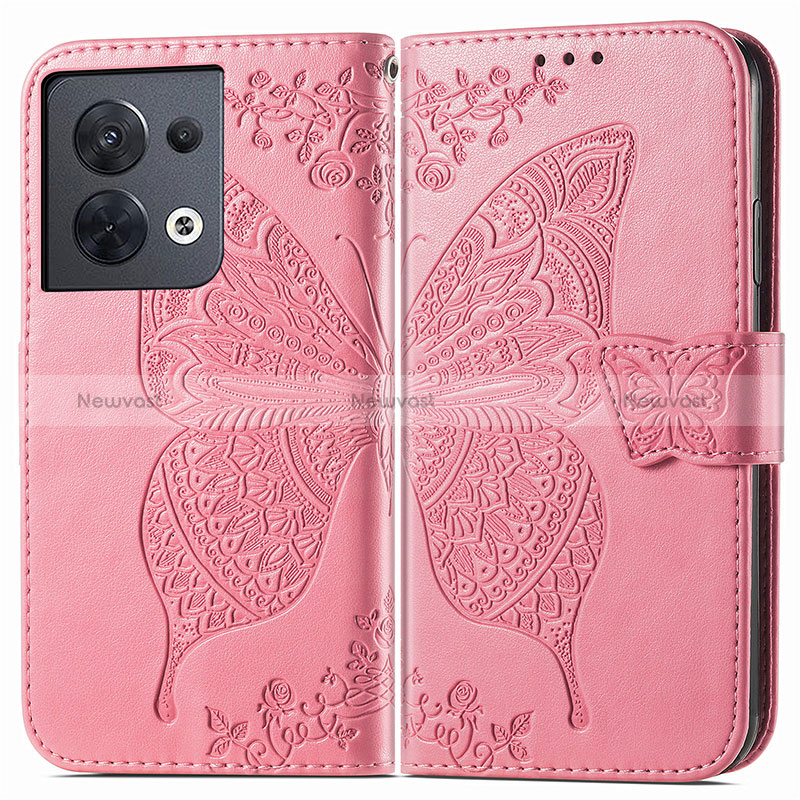 Leather Case Stands Butterfly Flip Cover Holder for Oppo Reno9 Pro 5G Hot Pink