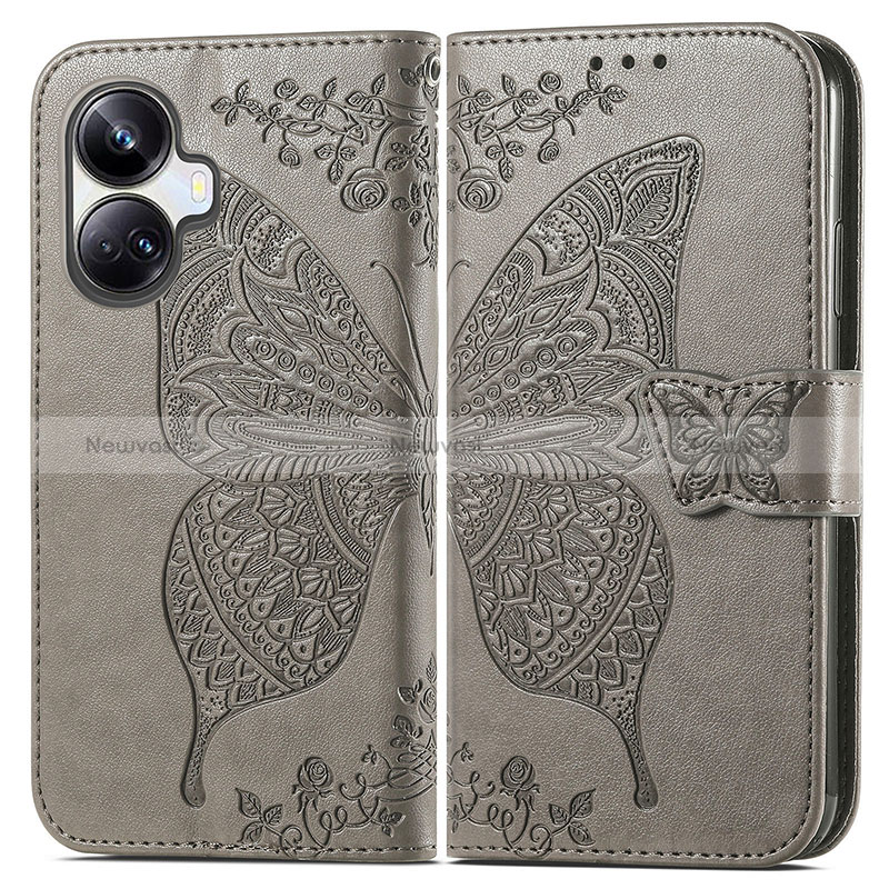 Leather Case Stands Butterfly Flip Cover Holder for Realme 10 Pro+ Plus 5G Gray