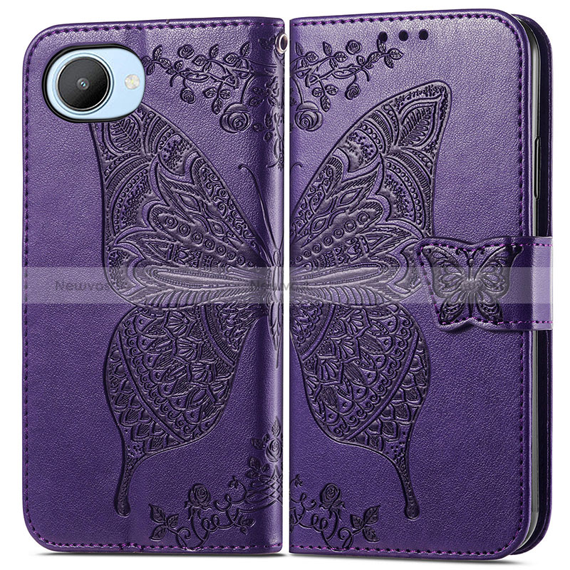 Leather Case Stands Butterfly Flip Cover Holder for Realme C30 Purple