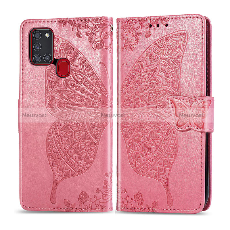 Leather Case Stands Butterfly Flip Cover Holder for Samsung Galaxy A21s Hot Pink