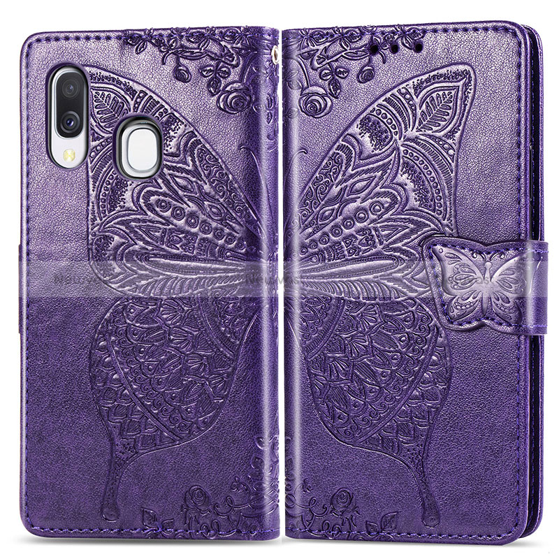 Leather Case Stands Butterfly Flip Cover Holder for Samsung Galaxy A40 Purple