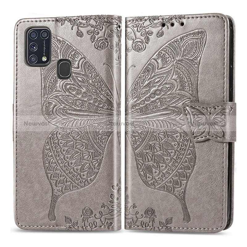 Leather Case Stands Butterfly Flip Cover Holder for Samsung Galaxy M21s Gray