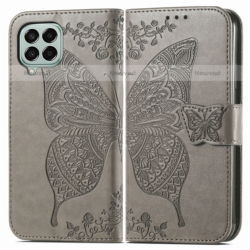 Leather Case Stands Butterfly Flip Cover Holder for Samsung Galaxy M33 5G Gray