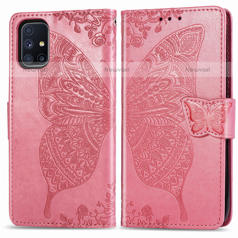 Leather Case Stands Butterfly Flip Cover Holder for Samsung Galaxy M51 Hot Pink