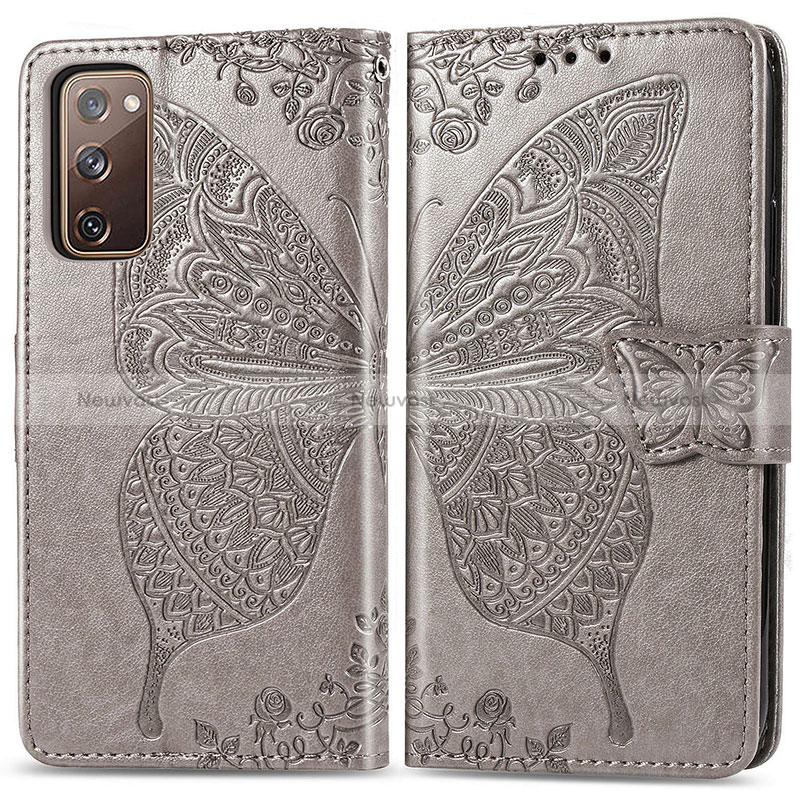 Leather Case Stands Butterfly Flip Cover Holder for Samsung Galaxy S20 FE 5G Gray