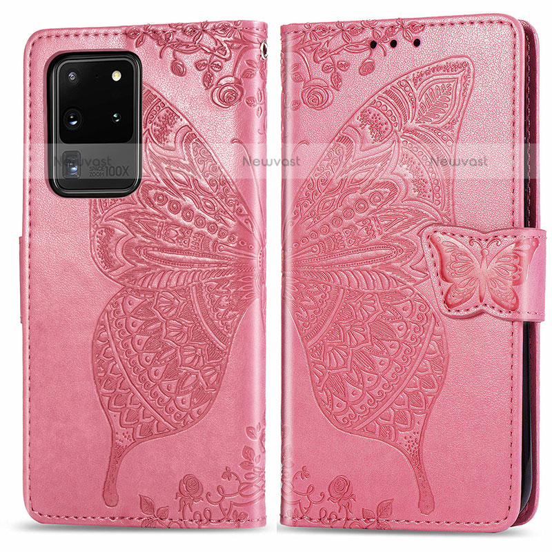Leather Case Stands Butterfly Flip Cover Holder for Samsung Galaxy S20 Ultra 5G Hot Pink