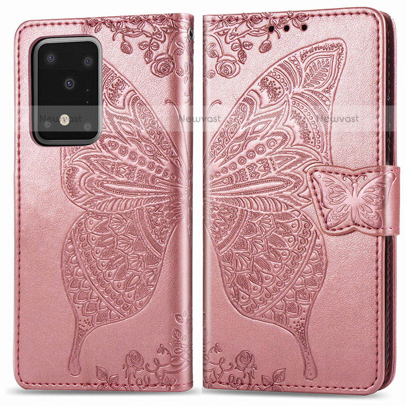 Leather Case Stands Butterfly Flip Cover Holder for Samsung Galaxy S20 Ultra 5G Pink