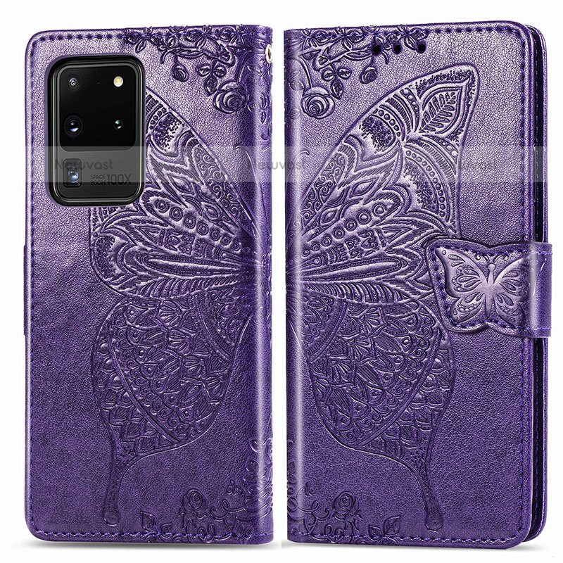 Leather Case Stands Butterfly Flip Cover Holder for Samsung Galaxy S20 Ultra Purple