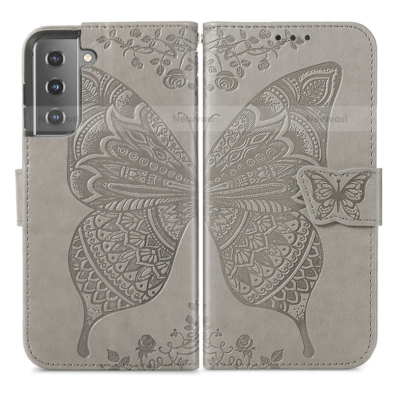 Leather Case Stands Butterfly Flip Cover Holder for Samsung Galaxy S21 5G Gray