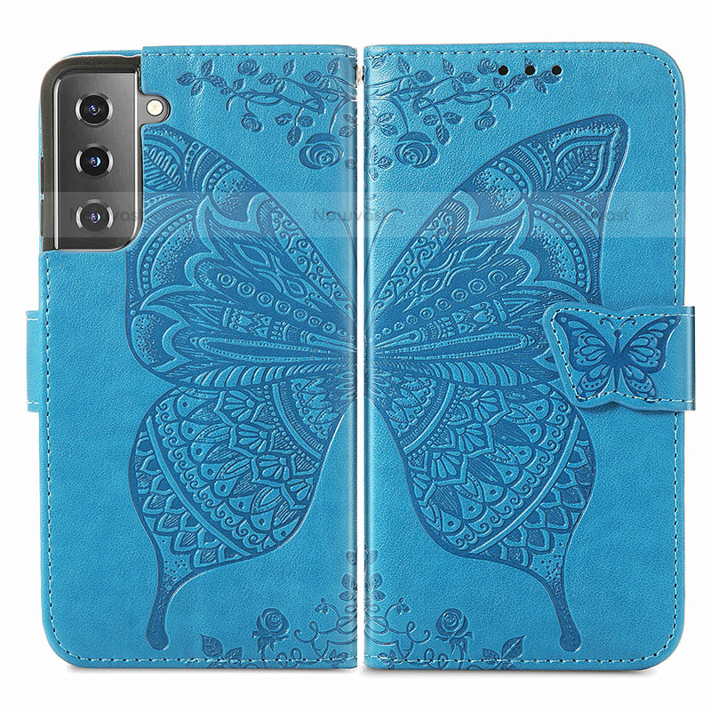 Leather Case Stands Butterfly Flip Cover Holder for Samsung Galaxy S21 FE 5G Blue