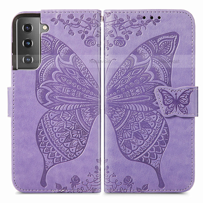 Leather Case Stands Butterfly Flip Cover Holder for Samsung Galaxy S21 FE 5G Clove Purple