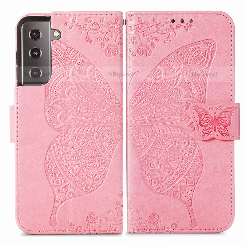 Leather Case Stands Butterfly Flip Cover Holder for Samsung Galaxy S21 FE 5G Hot Pink