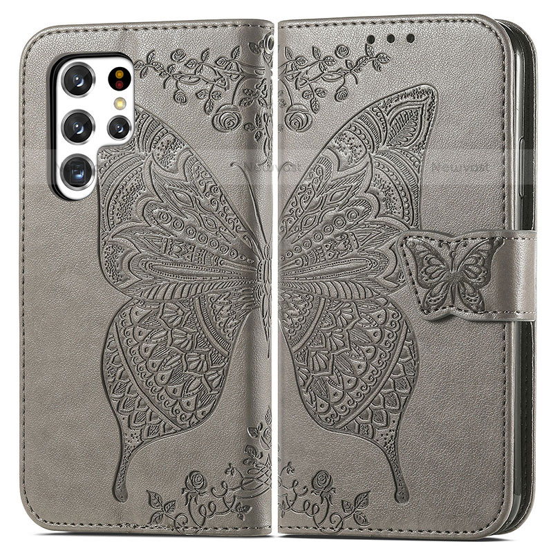 Leather Case Stands Butterfly Flip Cover Holder for Samsung Galaxy S22 Ultra 5G Gray