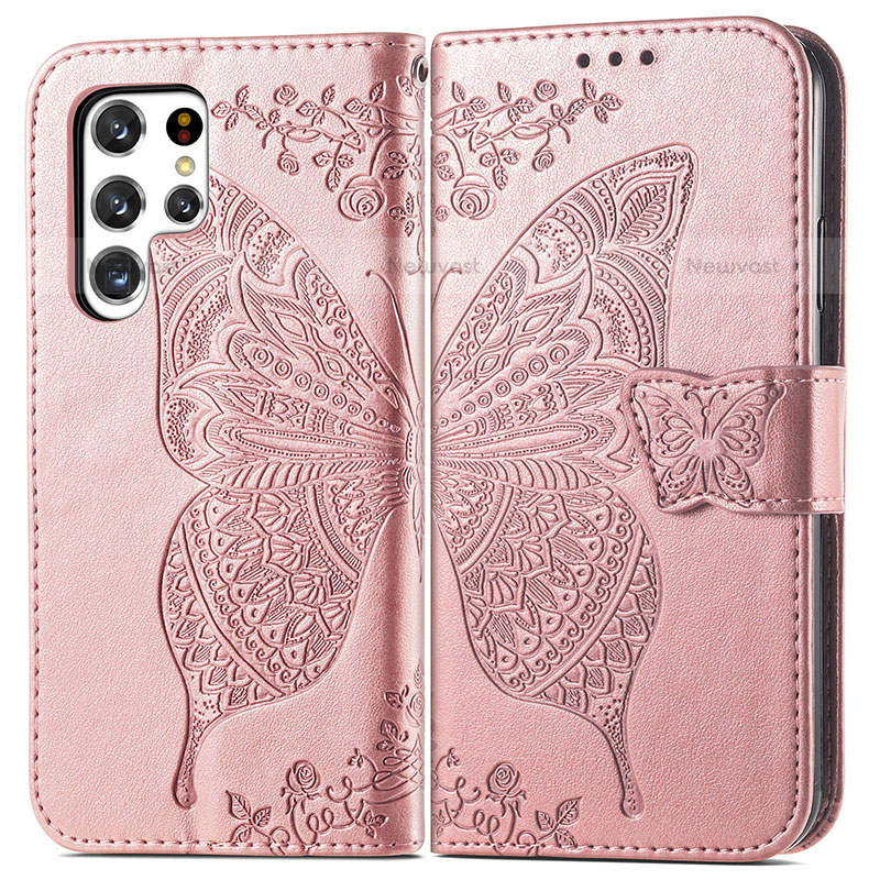 Leather Case Stands Butterfly Flip Cover Holder for Samsung Galaxy S22 Ultra 5G Pink