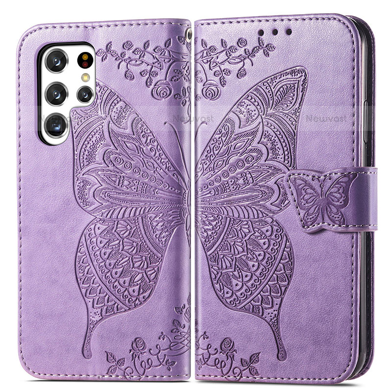 Leather Case Stands Butterfly Flip Cover Holder for Samsung Galaxy S23 Ultra 5G Clove Purple