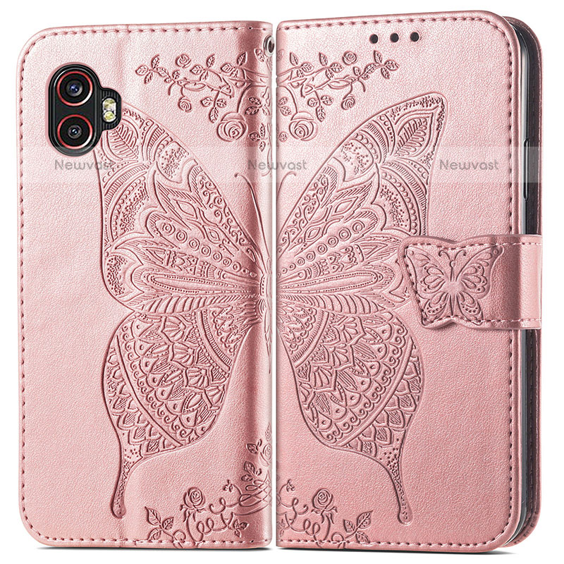 Leather Case Stands Butterfly Flip Cover Holder for Samsung Galaxy XCover 6 Pro 5G Pink