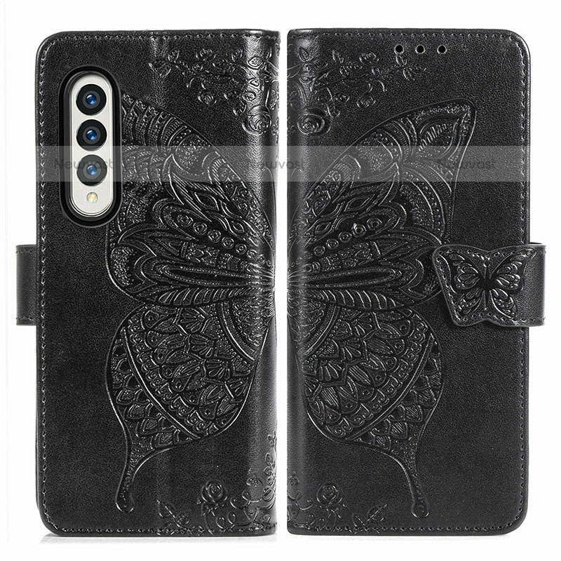 Leather Case Stands Butterfly Flip Cover Holder for Samsung Galaxy Z Fold3 5G Black