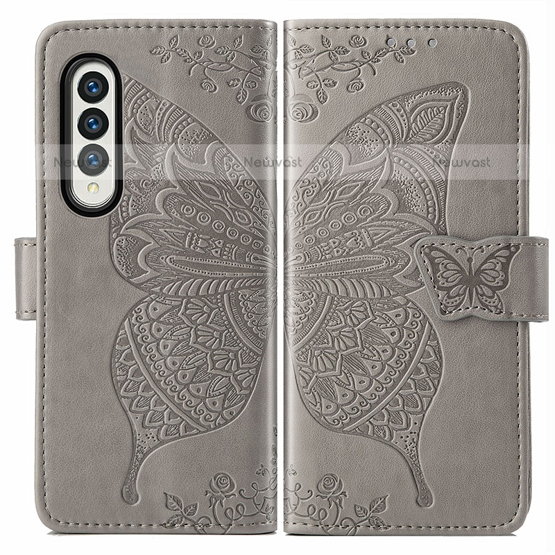 Leather Case Stands Butterfly Flip Cover Holder for Samsung Galaxy Z Fold3 5G Gray