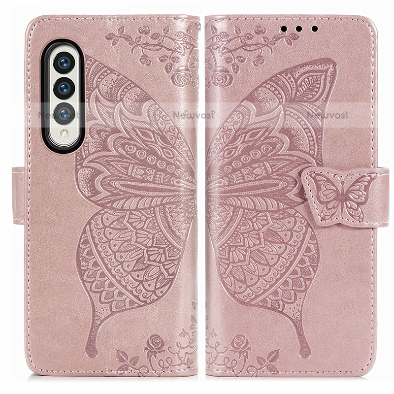 Leather Case Stands Butterfly Flip Cover Holder for Samsung Galaxy Z Fold3 5G Pink