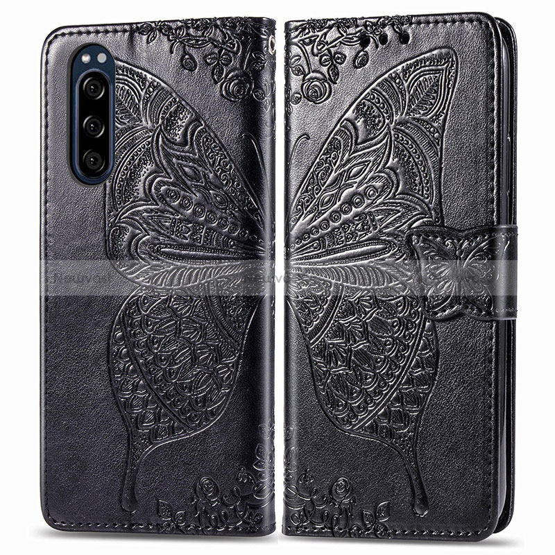 Leather Case Stands Butterfly Flip Cover Holder for Sony Xperia 5 Black