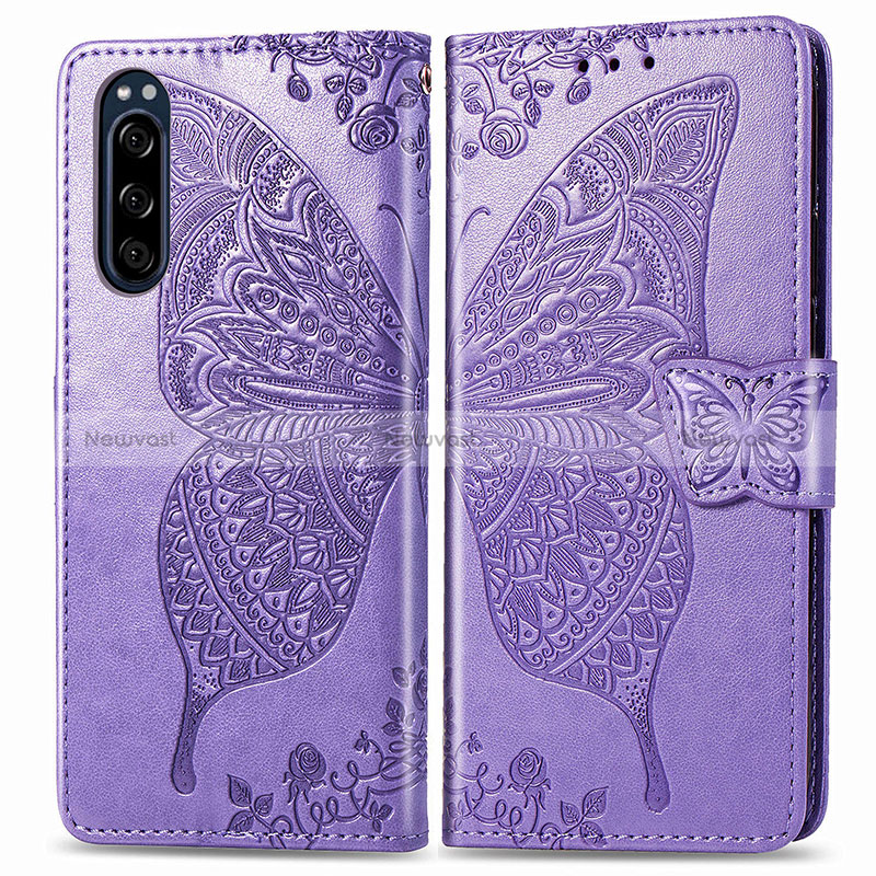 Leather Case Stands Butterfly Flip Cover Holder for Sony Xperia 5 Clove Purple