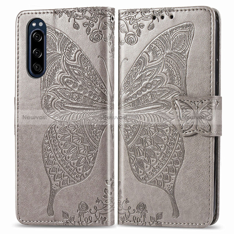 Leather Case Stands Butterfly Flip Cover Holder for Sony Xperia 5 Gray