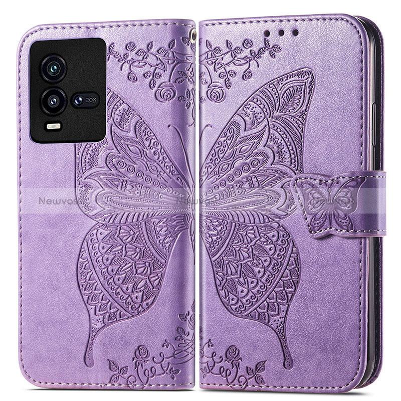 Leather Case Stands Butterfly Flip Cover Holder for Vivo iQOO 10 5G Clove Purple
