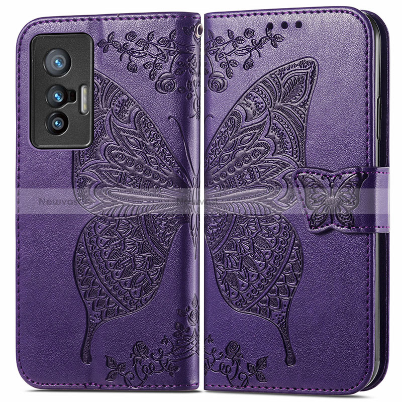 Leather Case Stands Butterfly Flip Cover Holder for Vivo X70 5G Purple