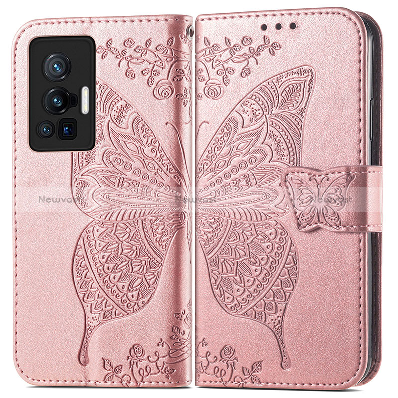 Leather Case Stands Butterfly Flip Cover Holder for Vivo X70 Pro 5G Pink