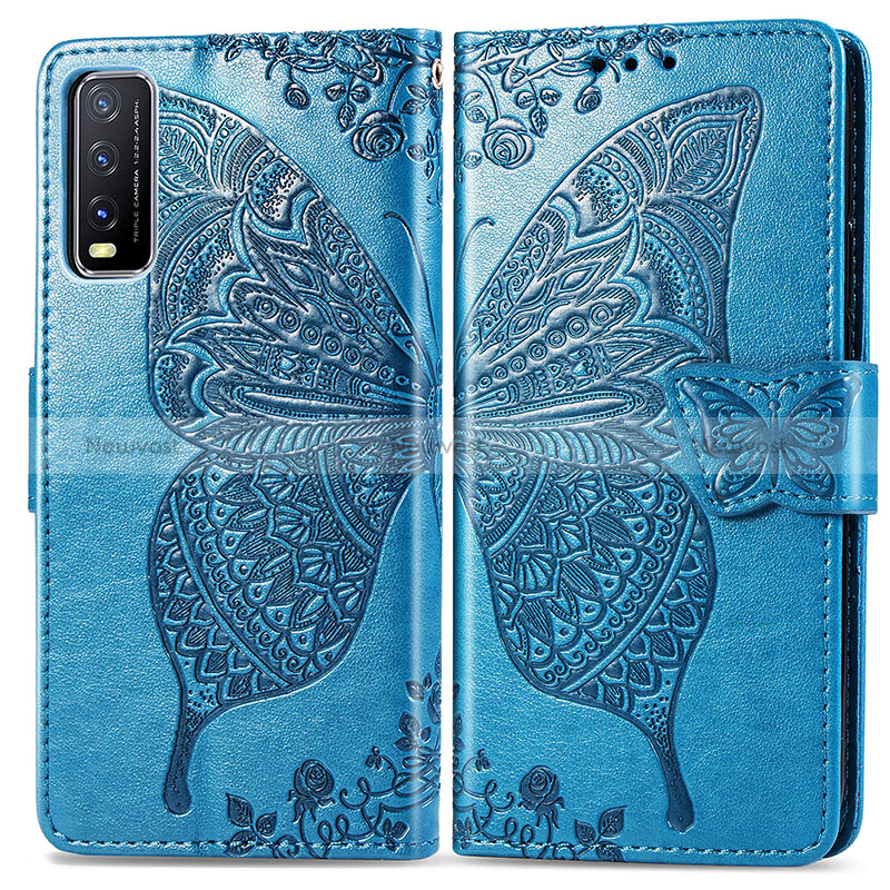 Leather Case Stands Butterfly Flip Cover Holder for Vivo Y20 Blue