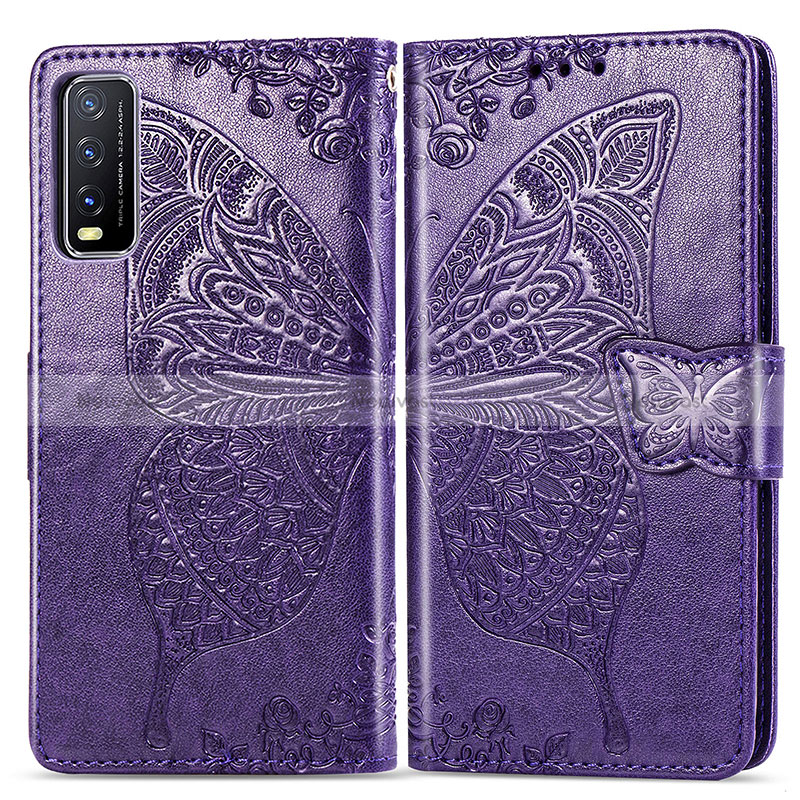 Leather Case Stands Butterfly Flip Cover Holder for Vivo Y20 Purple