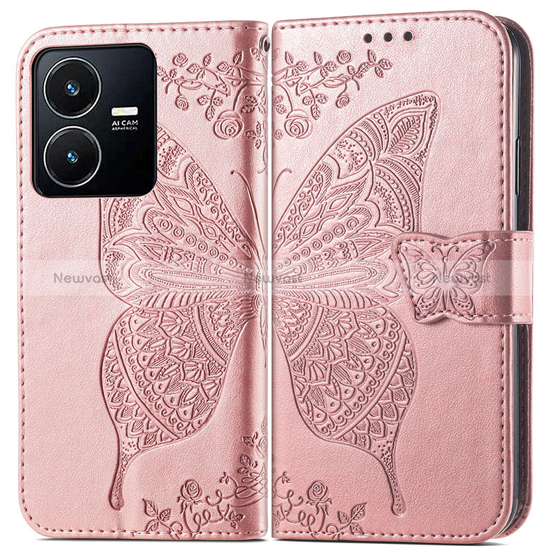Leather Case Stands Butterfly Flip Cover Holder for Vivo Y22 Pink
