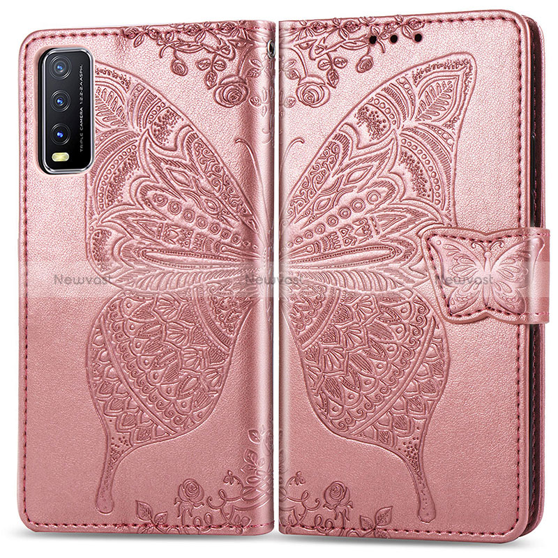 Leather Case Stands Butterfly Flip Cover Holder for Vivo Y30 Pink