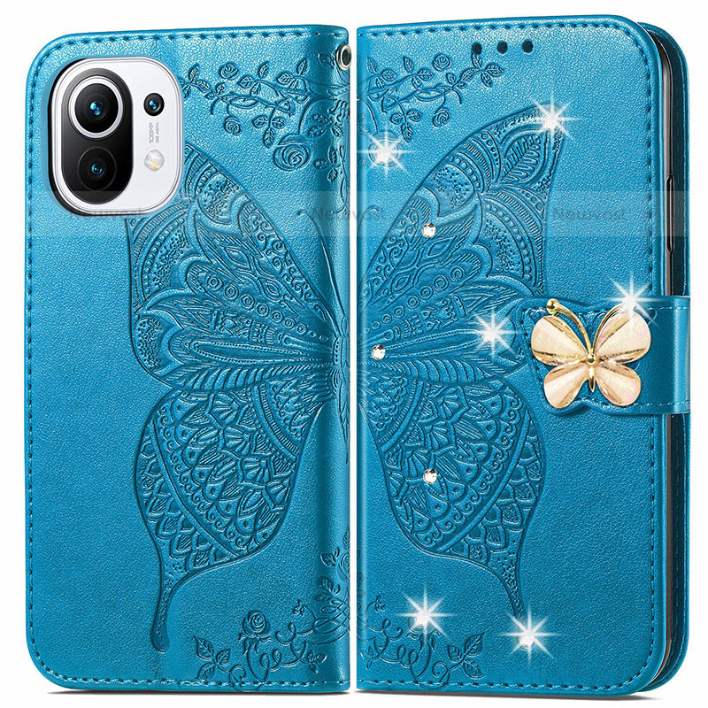 Leather Case Stands Butterfly Flip Cover Holder for Xiaomi Mi 11 5G Blue