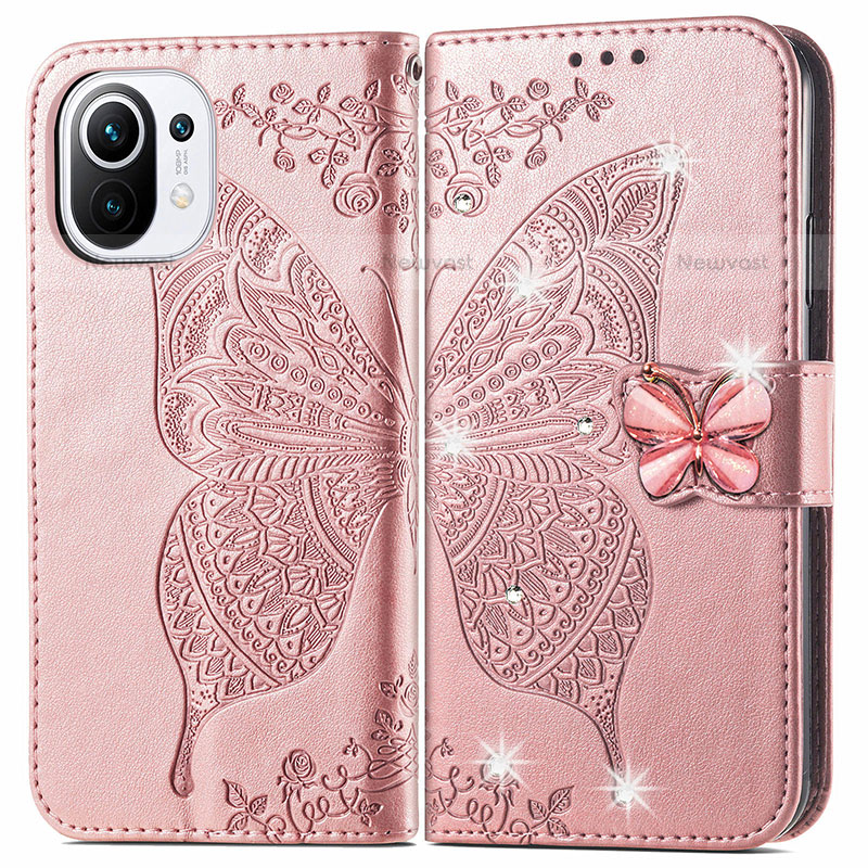 Leather Case Stands Butterfly Flip Cover Holder for Xiaomi Mi 11 5G Pink