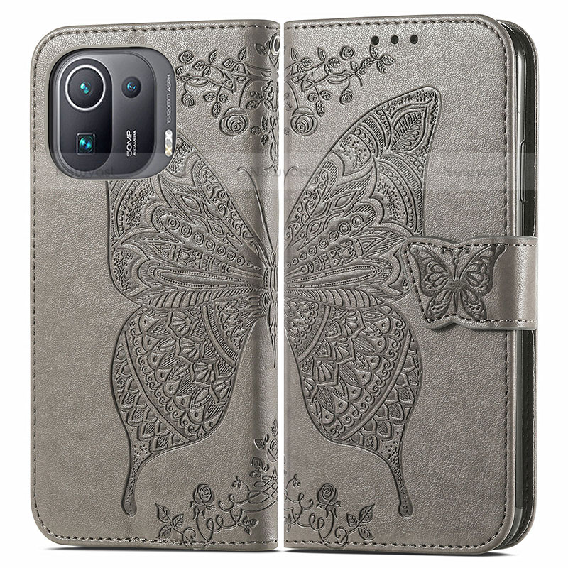 Leather Case Stands Butterfly Flip Cover Holder for Xiaomi Mi 11 Pro 5G Gray