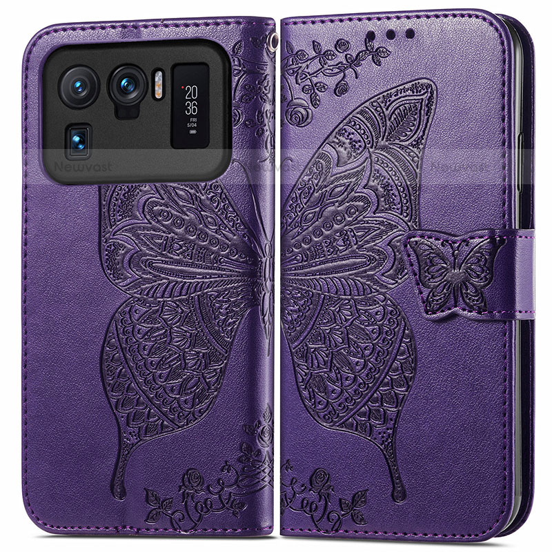 Leather Case Stands Butterfly Flip Cover Holder for Xiaomi Mi 11 Ultra 5G Purple