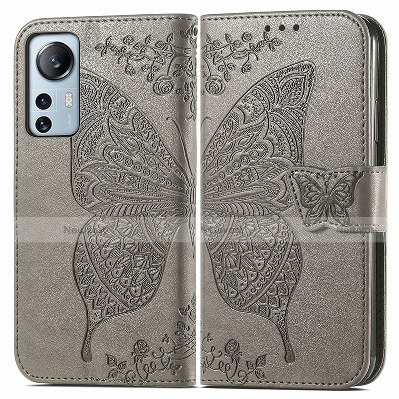 Leather Case Stands Butterfly Flip Cover Holder for Xiaomi Mi 12 5G Gray