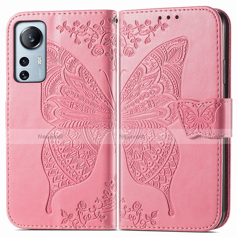 Leather Case Stands Butterfly Flip Cover Holder for Xiaomi Mi 12 5G Hot Pink