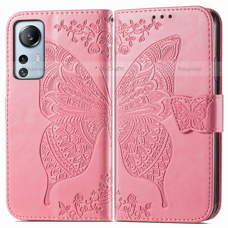 Leather Case Stands Butterfly Flip Cover Holder for Xiaomi Mi 12S 5G Hot Pink