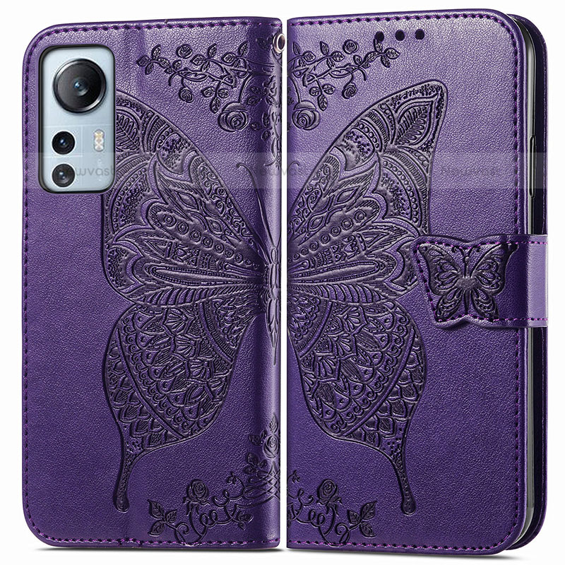 Leather Case Stands Butterfly Flip Cover Holder for Xiaomi Mi 12S 5G Purple
