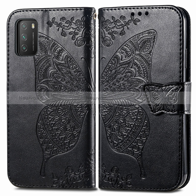 Leather Case Stands Butterfly Flip Cover Holder for Xiaomi Poco M3 Black