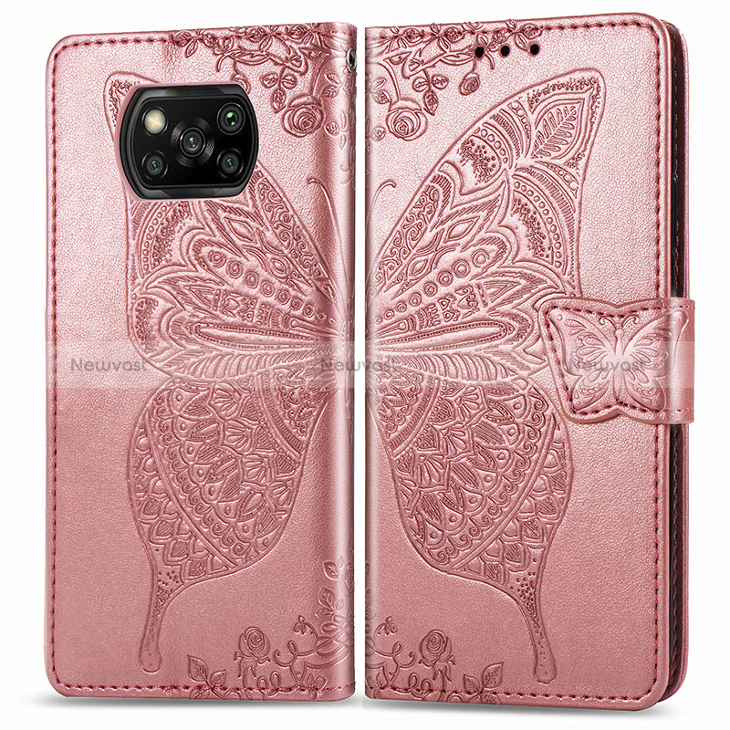 Leather Case Stands Butterfly Flip Cover Holder for Xiaomi Poco X3 NFC Pink