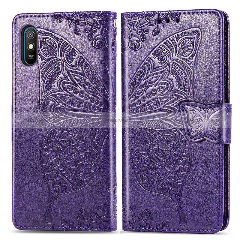 Leather Case Stands Butterfly Flip Cover Holder for Xiaomi Redmi 9A Purple