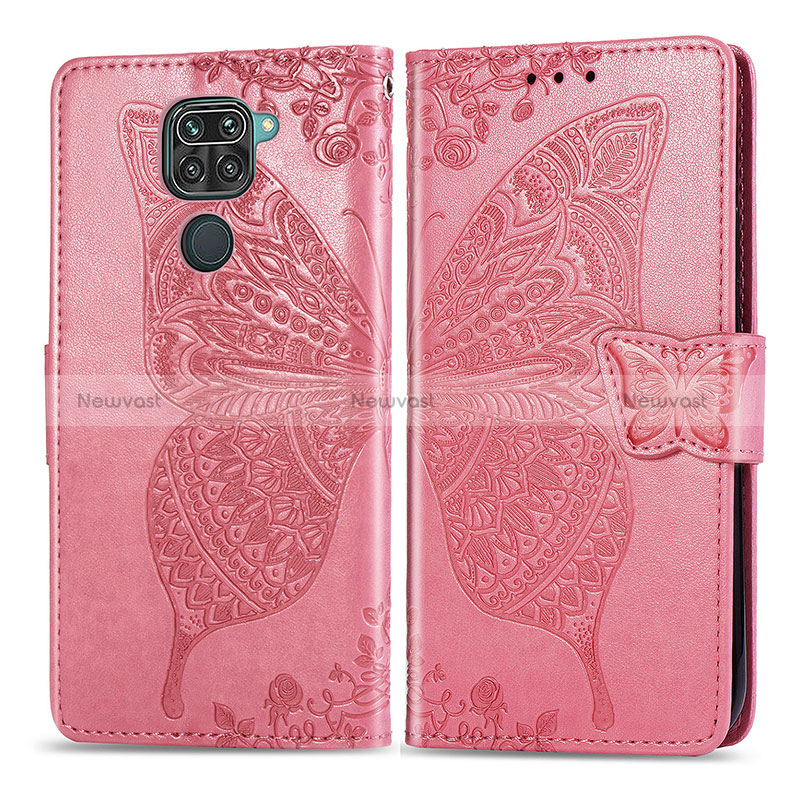 Leather Case Stands Butterfly Flip Cover Holder for Xiaomi Redmi Note 9 Hot Pink