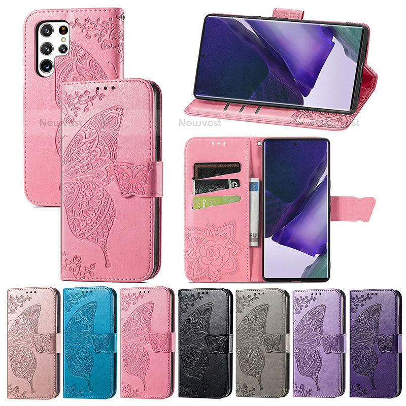 Leather Case Stands Butterfly Flip Cover Holder S01D for Samsung Galaxy S22 Ultra 5G