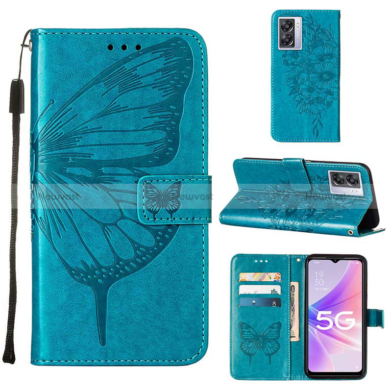 Leather Case Stands Butterfly Flip Cover Holder Y01B for Oppo A56S 5G Blue