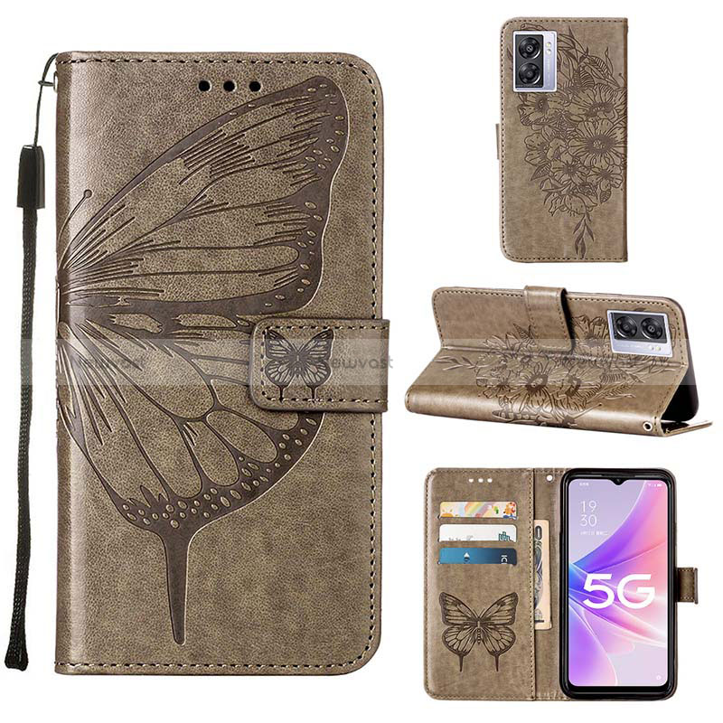 Leather Case Stands Butterfly Flip Cover Holder Y01B for Oppo A56S 5G Gray