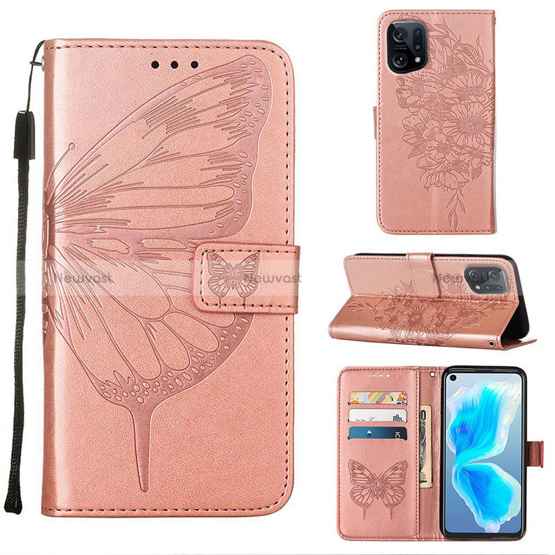 Leather Case Stands Butterfly Flip Cover Holder Y01B for Oppo Find X5 5G Rose Gold
