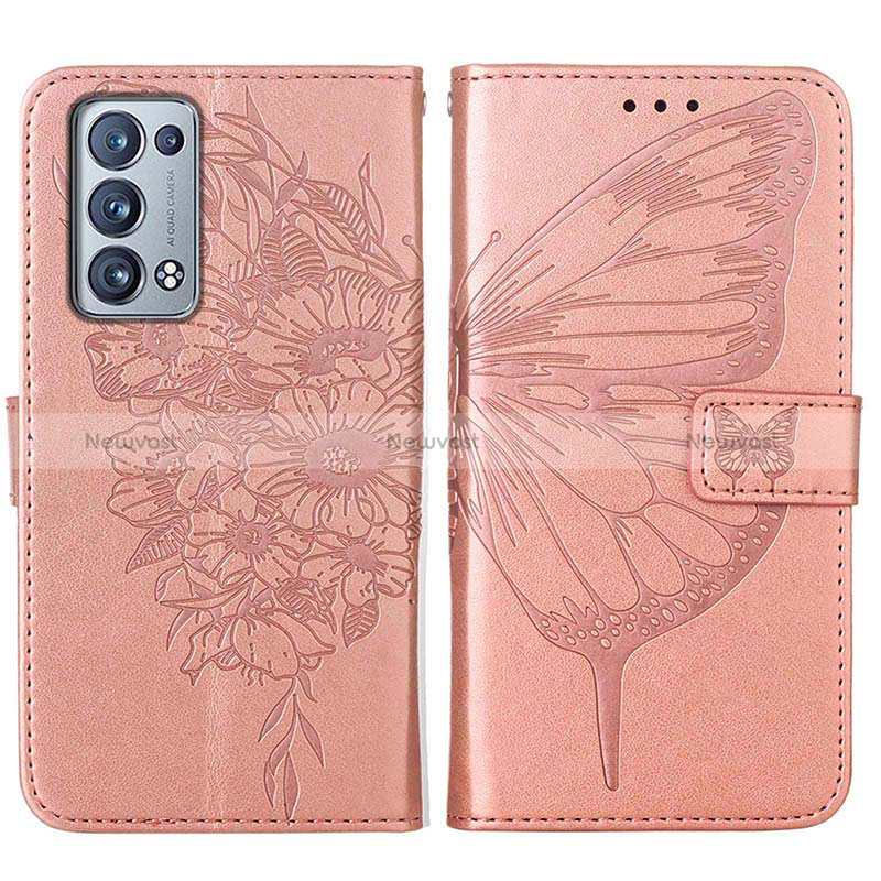 Leather Case Stands Butterfly Flip Cover Holder Y01B for Oppo Reno6 Pro 5G Rose Gold